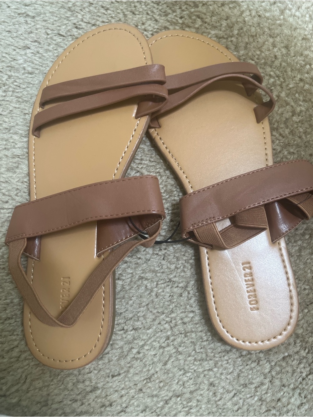 Forever 21 Tan and Brown Dual-Strap Slide Sandals